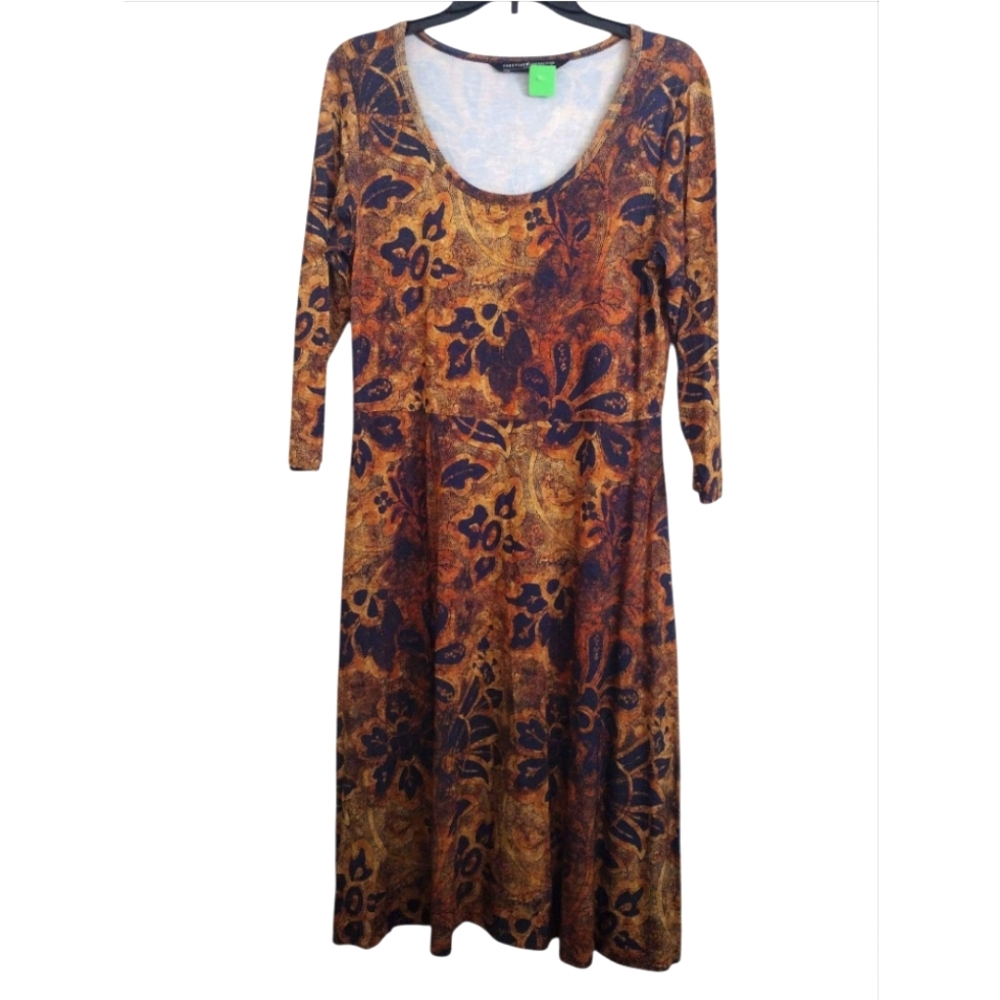 Peruvian Connection Beatrice Gold Dark Navy Floral Geometric Print Dress Medium